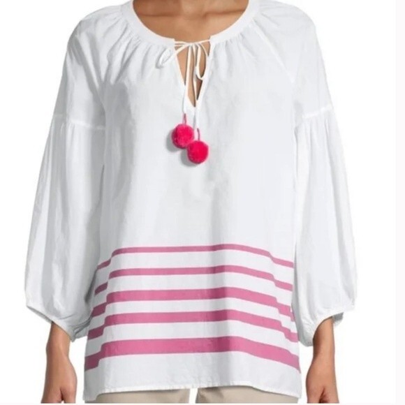 Tommy Bahama Pom Pom Tunic Top Pink Stripes - Picture 1 of 9